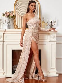 Missord One Shoulder Slit Thigh Contrast Sequin Formal Dress - Apricot - View 5