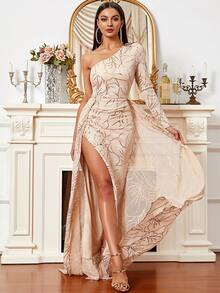 Missord One Shoulder Slit Thigh Contrast Sequin Formal Dress - Apricot - View 6