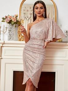 Missord Sequin One Shoulder Butterfly Sleeve Asymmetrical Hem Dress - Champagne - View 7