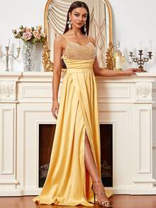 Missord Sequin Ruched Wrap Hem Cami Floor Dress - Yellow - View 5