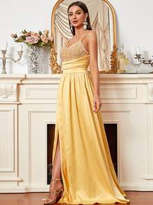 Missord Sequin Ruched Wrap Hem Cami Floor Dress - Yellow - View 6