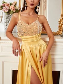 Missord Sequin Ruched Wrap Hem Cami Floor Dress - Yellow - View 7