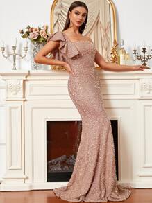 Missord Sequin One Shoulder Butterfly Sleeve Mermaid Hem Floor Dress