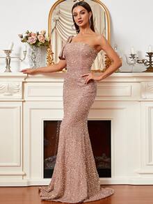 Missord Sequin One Shoulder Butterfly Sleeve Mermaid Hem Floor Dress