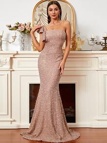 Missord Sequin One Shoulder Butterfly Sleeve Mermaid Hem Floor Dress