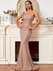 Missord Sequin One Shoulder Butterfly Sleeve Mermaid Hem Floor Dress