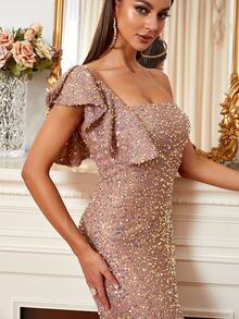 Missord Sequin One Shoulder Butterfly Sleeve Mermaid Hem Floor Dress