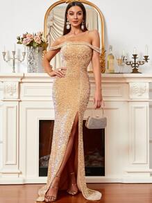 Missord Off Shoulder Slit Thigh Mermaid Hem Sequin Formal Dress - Champagne - View 1