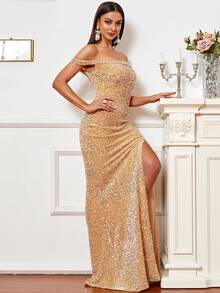 Missord Off Shoulder Slit Thigh Mermaid Hem Sequin Formal Dress - Champagne - View 3