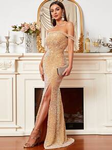 Missord Off Shoulder Slit Thigh Mermaid Hem Sequin Formal Dress - Champagne - View 6