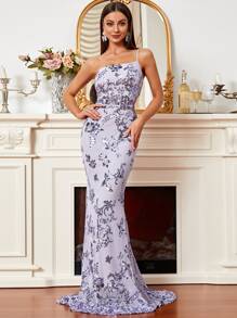 Missord Sequin Floral Pattern One Shoulder Mermaid Hem Floor Bodycon Dress - Lilac Purple - View 1