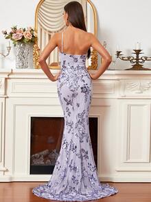 Missord Sequin Floral Pattern One Shoulder Mermaid Hem Floor Bodycon Dress - Lilac Purple - View 2