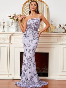 Missord Sequin Floral Pattern One Shoulder Mermaid Hem Floor Bodycon Dress - Lilac Purple - View 3