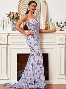 Missord Sequin Floral Pattern One Shoulder Mermaid Hem Floor Bodycon Dress - Lilac Purple - View 5