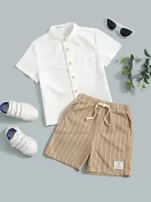 SHEIN Young Boy Patched Pocket Shirt & Vertical Striped Drawstring Waist Shorts