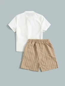 SHEIN Young Boy Patched Pocket Shirt & Vertical Striped Drawstring Waist Shorts