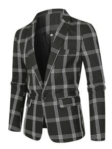 Calvornis Men Plaid Single Button Blazer - Black - View 1