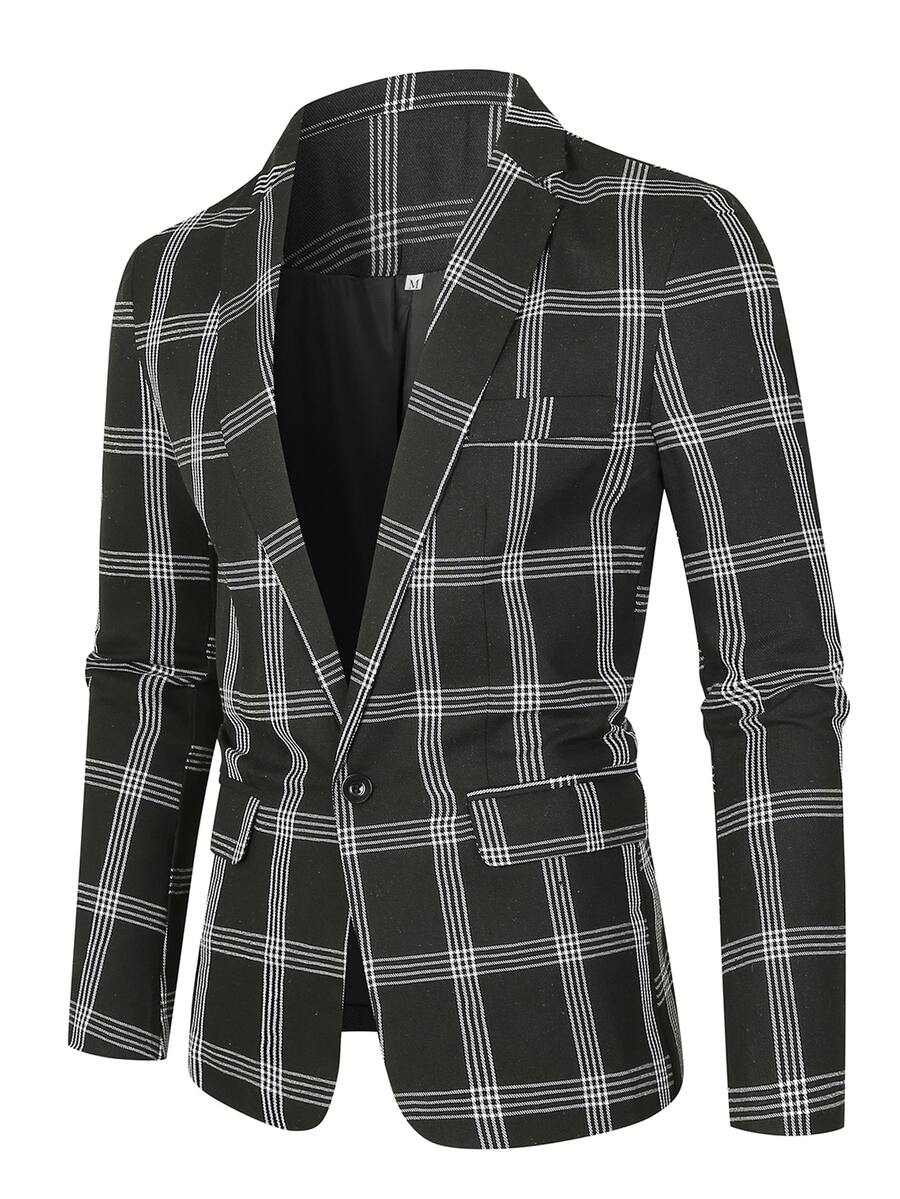 Calvornis Men Plaid Single Button Blazer - Black - View 1