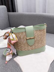 雙色草編包紙絲巾裝飾,完美適合夏天海灘旅行度假 - 綠色 - 查看 1