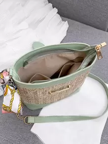 雙色草編包紙絲巾裝飾,完美適合夏天海灘旅行度假 - 綠色 - 查看 4