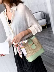 雙色草編包紙絲巾裝飾,完美適合夏天海灘旅行度假 - 綠色 - 查看 5