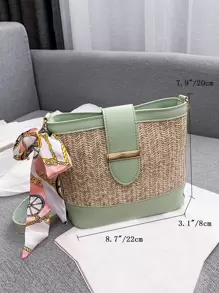 雙色草編包紙絲巾裝飾,完美適合夏天海灘旅行度假 - 綠色 - 查看 6