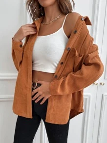 SHEIN LUNE Button Up Drop Shoulder Pocket Patched Corduroy Shirt - Camel - View 1