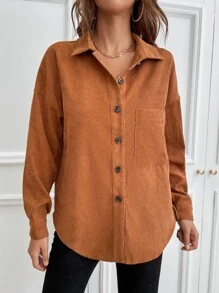 SHEIN LUNE Button Up Drop Shoulder Pocket Patched Corduroy Shirt - Camel - View 3