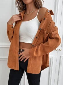 SHEIN LUNE Button Up Drop Shoulder Pocket Patched Corduroy Shirt - Camel - View 4