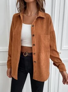 SHEIN LUNE Button Up Drop Shoulder Pocket Patched Corduroy Shirt - Camel - View 5