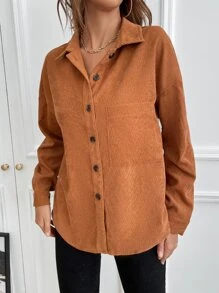 SHEIN LUNE Button Up Drop Shoulder Pocket Patched Corduroy Shirt - Camel - View 6