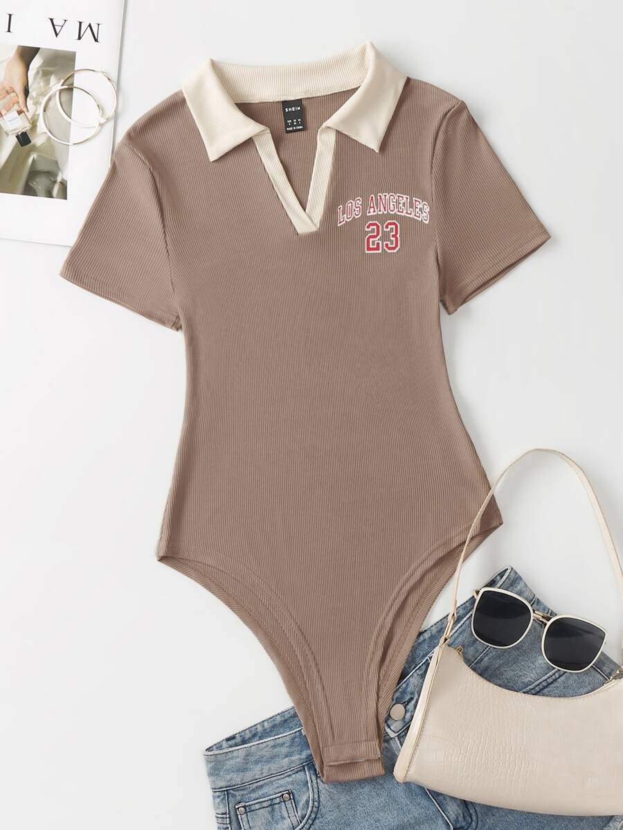 SHEIN Unity Letter Graphic Contrast Collar Rib Knit Bodysuit - Camel - View 1