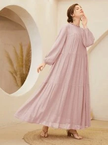 Mulvari Vestido smock de manga farol ribete con fruncido - Rosa Pálido - Ver 1