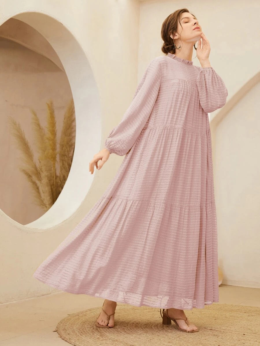 Mulvari Vestido smock de manga farol ribete con fruncido - Rosa Pálido - Ver 1