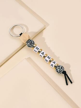 Boho Cow And Leopard Print Beaded Mama Letter Keychain With Wooden Beads, Mother's Day Gift, English Alphabet Keychain For Mom Backpack For School Car Accessories Cute Goth Y2k