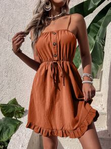 Breezaya Solid Ruffle Hem Knot Front Cami Dress - Burnt Orange - View 3