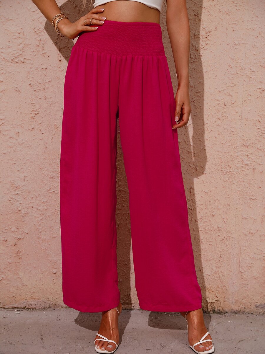 Shirred Waist Wide Leg Trousers - Hot Pink - View 1