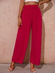 Shirred Waist Wide Leg Trousers - Hot Pink - View 4