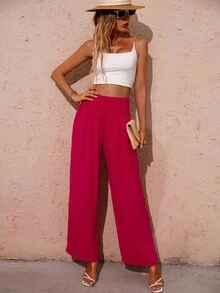 Shirred Waist Wide Leg Trousers - Hot Pink - View 5