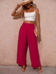 Shirred Waist Wide Leg Trousers - Hot Pink - View 7