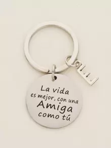 標語圖案圓形和字母墜飾鑰匙圈 - 銀色 - 查看 1