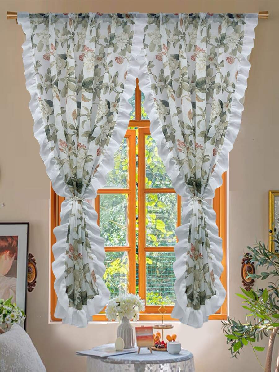 花朵印花荷葉邊單片窗簾 - 彩色 - 查看 1