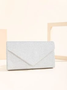 Bolso cuadrado con purpurina y cadena con solapa, bolso de novia perfecto para eventos de bodas, bailes y fiestas - Plateado - Ver 2