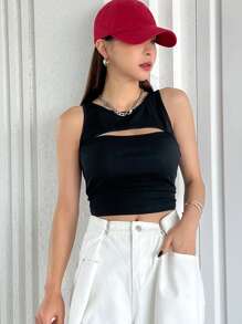 DAZY Camiseta Sin Mangas Con Recorte En El Frente - Negro - Ver 9