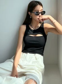 DAZY Camiseta Sin Mangas Con Recorte En El Frente - Negro - Ver 6