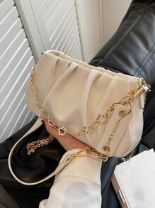 CONTAINEVERY حقيبة سلسلة مورية مجعدة كلاسيكية للحمل، حقيبة سلينج بتصميم سحابة أنيقة مع مقبض سلسلة وحزام قابل للفصل (بيج)، للنساء والموظفات والمعلمات، مناسبة للأعمال والتنقل والمكتب والأعياد والعطلات الصيفية