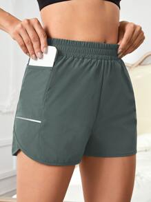 Easithlete Elastic Waist Sports Shorts With Phone Pocket - Dark Green - View 4