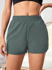 Easithlete Elastic Waist Sports Shorts With Phone Pocket - Dark Green - View 5