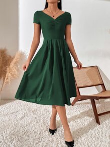 SHEIN Belle Vestido Acampanado De Detalle Plisado Y Fruncido - Verde Oscuro - Ver 5