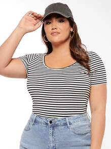 SHEIN BASICS Plus Striped Scoop Neck Tee - Black and White - View 3